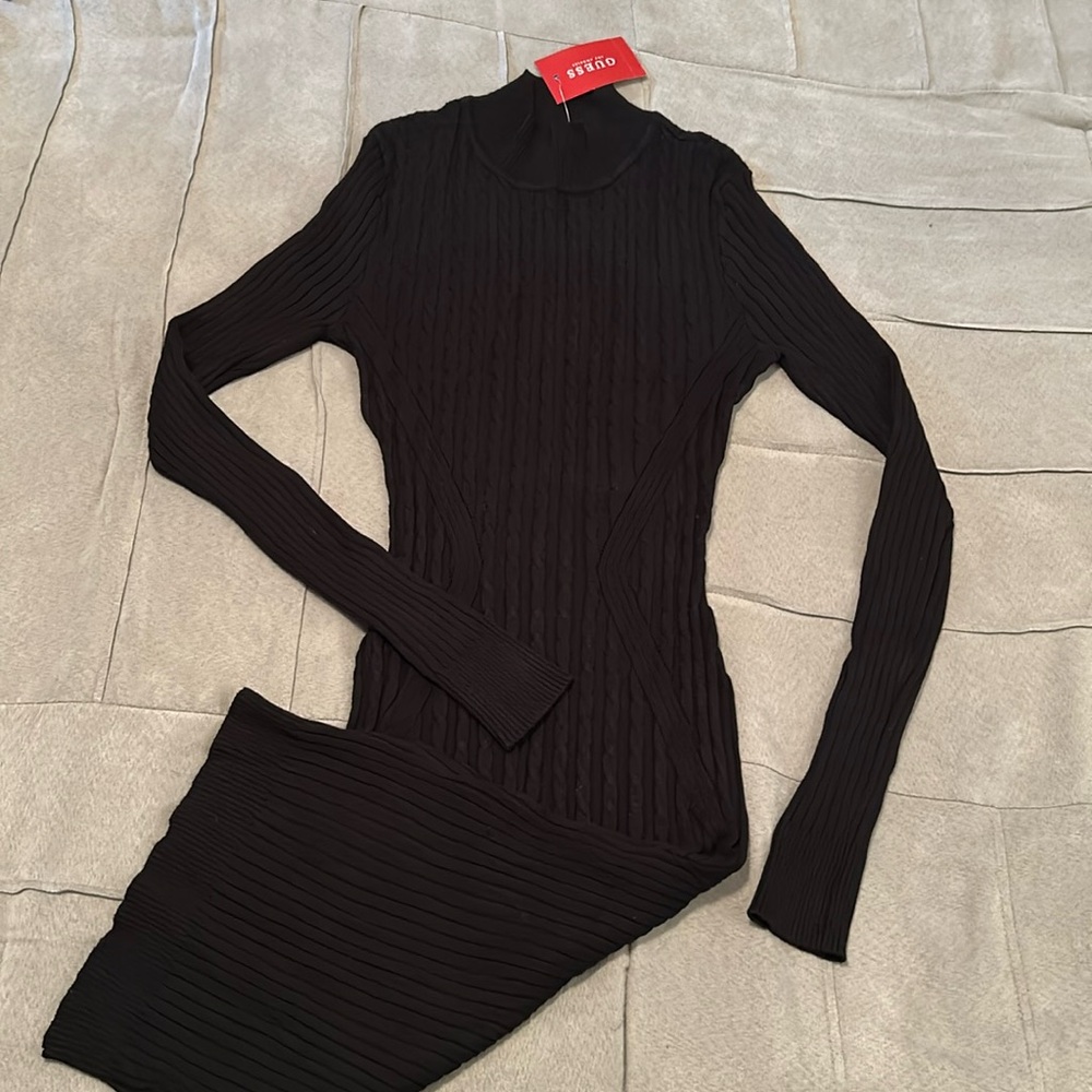 NWT GUESS RIBBED stretch LONG SLEEVE BLACK DRESS SIZE SMALL